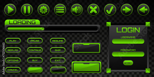 Black and Neon Green Game Menu Interface Buttons and Panels GUI Elements Set for Game UI Designs