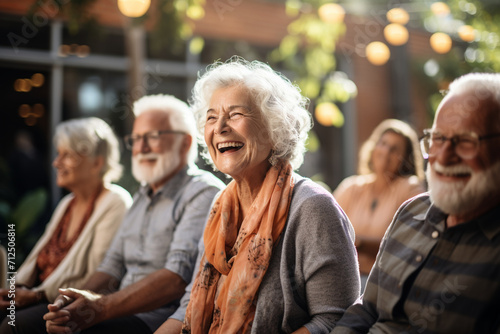 An enthusiastic group of seniors engaged in a laughter yoga session, highlighting the therapeutic benefits of joy and positive energy in their lives.