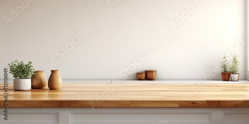 Empty space for text or product in a modern kitchen scene with a wooden top. © Sona