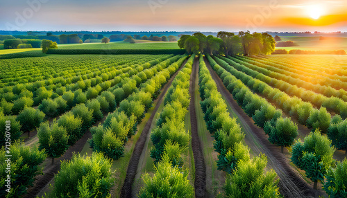 Morning view of fruit bearing orange orchard with trees in USA, view of agricultural field, Orange trees, Natural example of farm with green field, Beauty in nature, Sustainable agriculture,