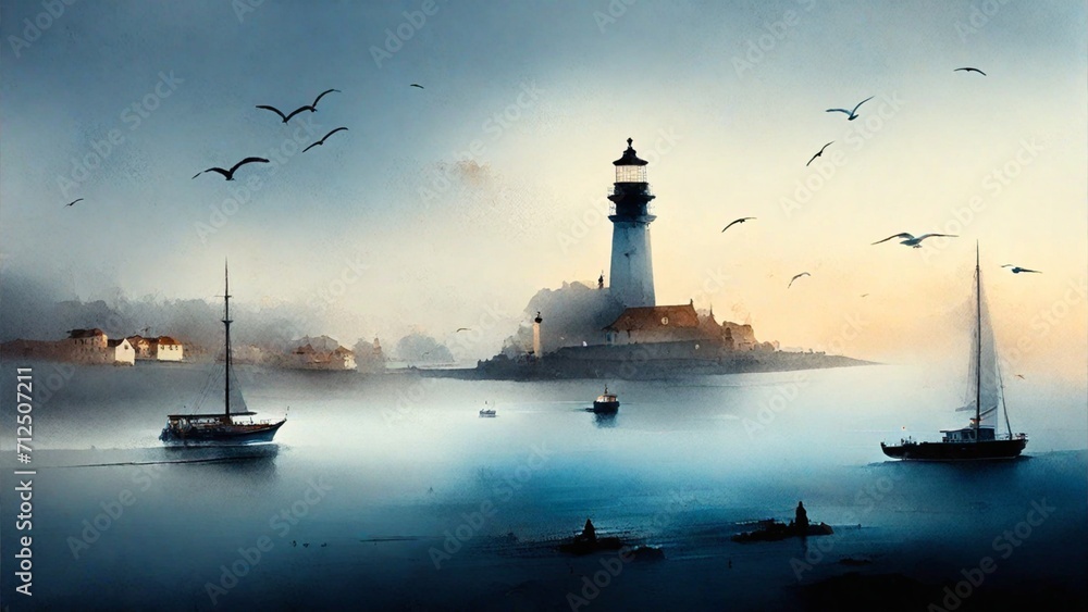 Illustration painting of lighthouse in the port