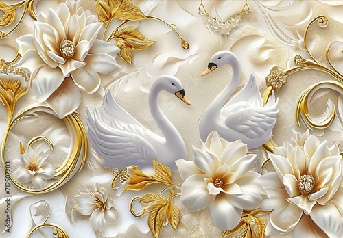Wallpaper gold and white swans, in the style of photorealistic compositions, delicate flowers, 32k uhd, modern jewelry, colorful woodcarvings, elegant realism.