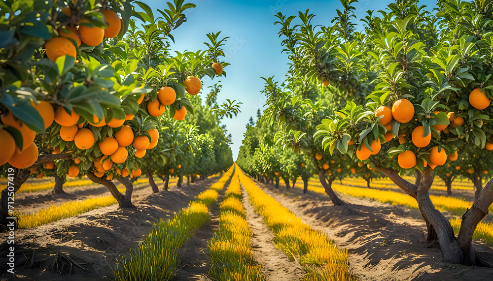 Morning view of fruit bearing orange orchard with trees in USA, view of agricultural field, Orange trees, Natural example of farm with green field, Beauty in nature, Sustainable agriculture, - obrazy, fototapety, plakaty 