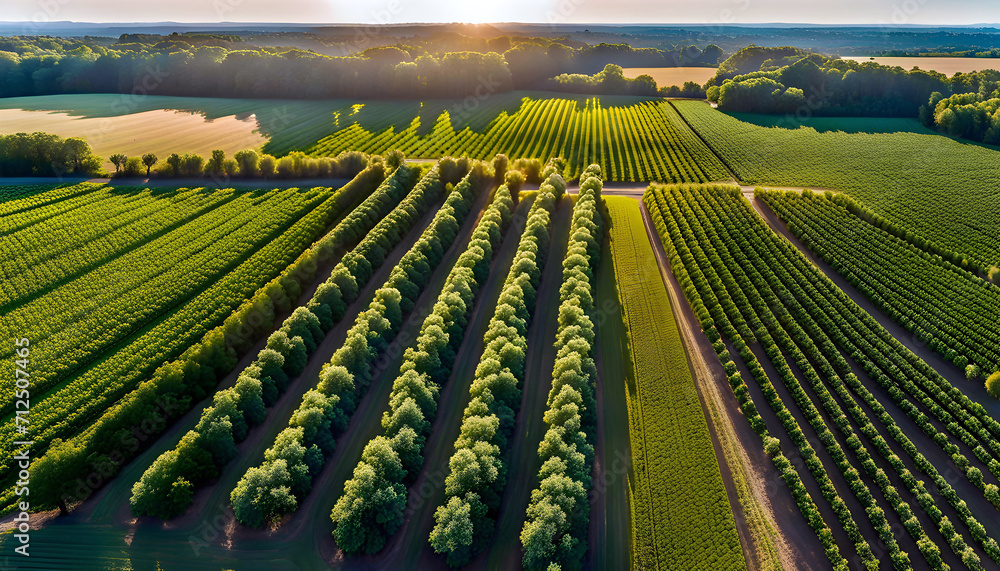 Fototapeta premium Morning view of fruit bearing orange orchard with trees in USA, view of agricultural field, Orange trees, Natural example of farm with green field, Beauty in nature, Sustainable agriculture,