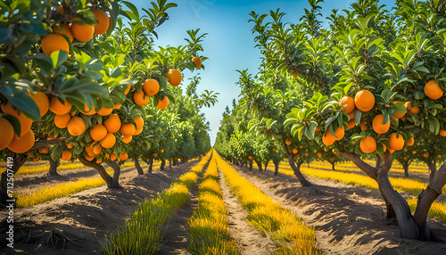 Morning view of fruit bearing orange orchard with trees in USA, view of agricultural field, Orange trees, Natural example of farm with green field, Beauty in nature, Sustainable agriculture,