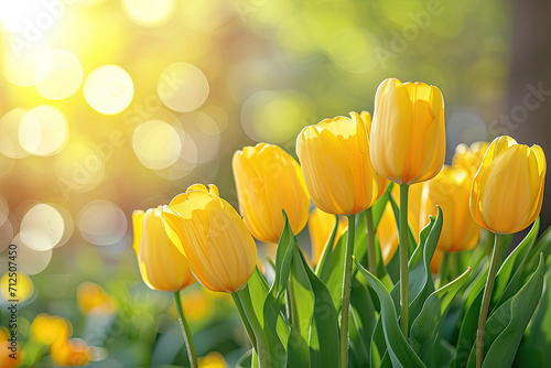 Yellow tulips in pastel coral tints at blurry background, closeup. Fresh spring flowers in the garden with soft sunlight for your horizontal floral poster, wallpaper or holidays card. #712507450
