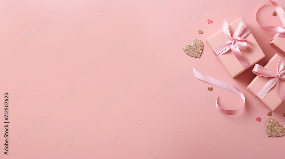 Romantic Valentine's Day Decorations: Top View Photo of Curly Silk Ribbon Hearts, Small Gift Boxes, and Love Letters on Pastel Pink Background Romantic Valentine's Day Decorations: Top View Photo of Curly Silk Ribbon Hearts, Small Gift Boxes, and Love Letters on Pastel Pink Background