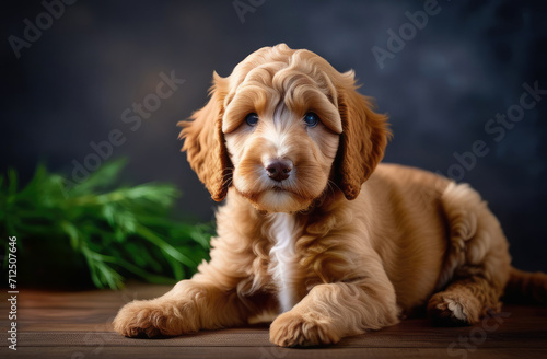 Head shot of handsome red Cobberdog aka Labradoodle dog puppy, sitting up facing front. Looking towards camera on grey background.