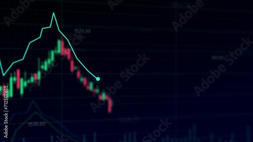 A trade market diagram appears on the screen along with candlestick charts in the background, illustrating the volatile world of forex and cryptocurrency trading. Charts and diagrams. photo