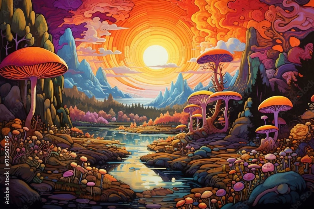 Colorful, glowing mushroom-filled landscape. Generative AI