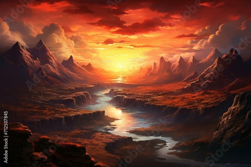beautiful sunset scenery with mountains. Generative AI © Aeris
