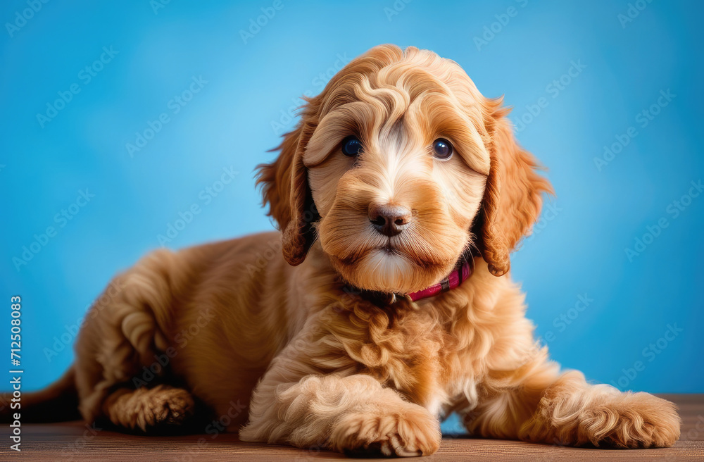 Head shot of handsome red Cobberdog aka Labradoodle dog puppy, sitting up facing front. Looking towards camera on light blue background.