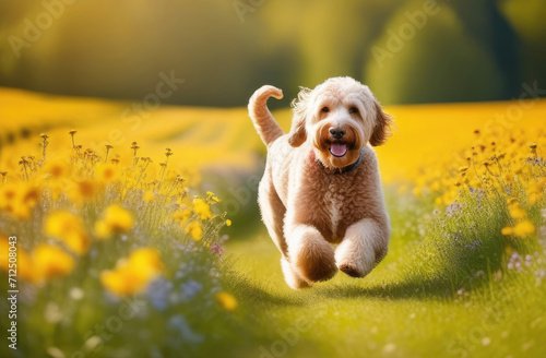 Labradoodle dog running through spring flower meadow with sunlight on background