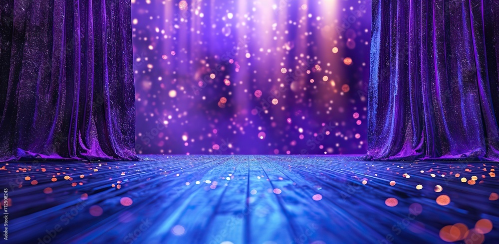 Stage with purple curtains and bokeh. Performance and theater concept. - obrazy, fototapety, plakaty 