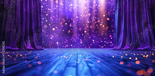 Stage with purple curtains and bokeh. Performance and theater concept.