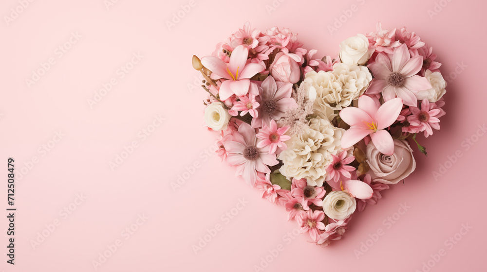 Beautiful bouquet of flowers in heart shape on pink background. Valentine's day, mother's day, women's Day background with space for text. Generate AI