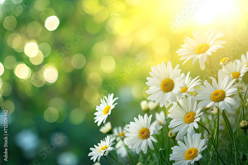Garden with daisy flowers at blurry background, closeup. Fresh summer flowers in the garden with soft sunlight for horizontal floral poster, wallpaper or holidays card.