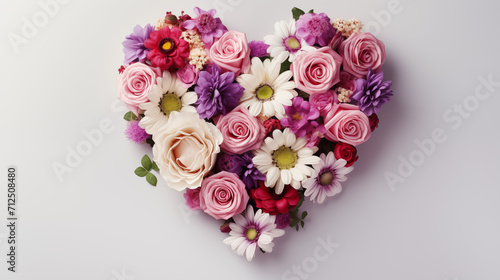 Top view arrangement of colorful flowers with heart shape placed on white background. Valentine's day, mother's day, women's Day background. Generate AI © Viktoriia
