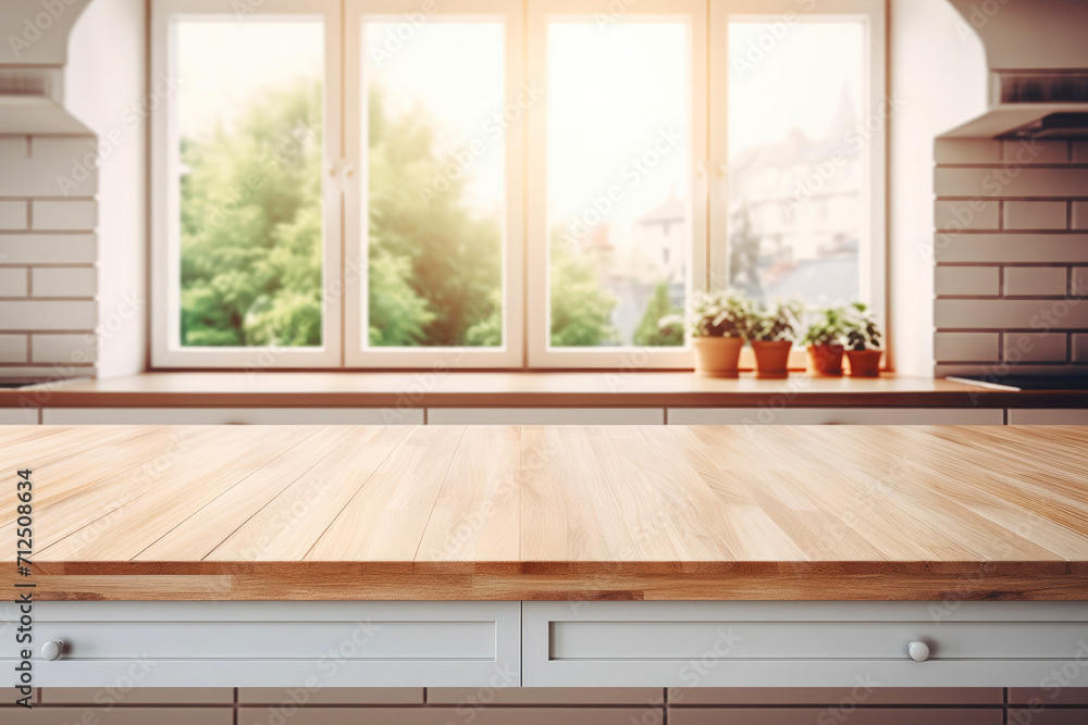 Empty wooden countertop in a modern kitchen setting Empty wooden countertop in a modern kitchen setting