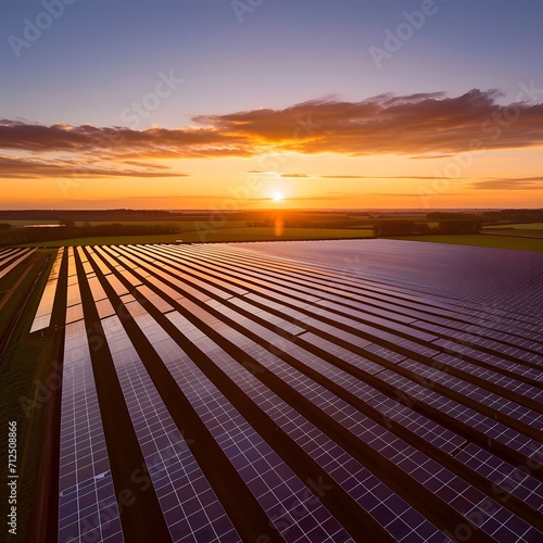 Aerial view looking out onto a large solar farm at sunrise with light reflecting off the panels