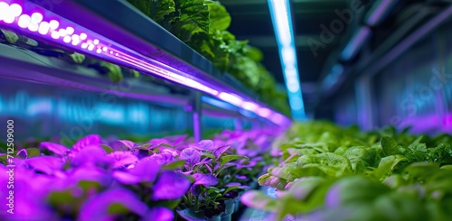 Hydroponics under purple LED lighting. Advanced agricultural technology concept. photo