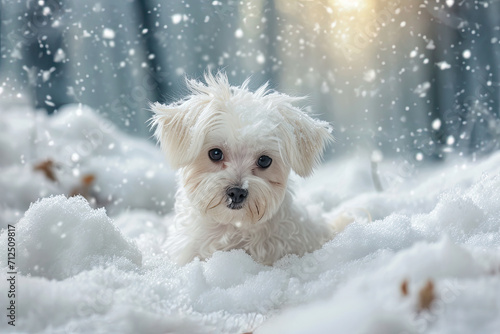 Funny cute maltese dog puppy running through snow forest and having fun in winter.