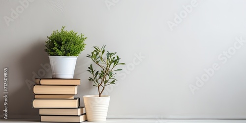 Minimalist interior with white toilet, stacked books, and flower pot. photo