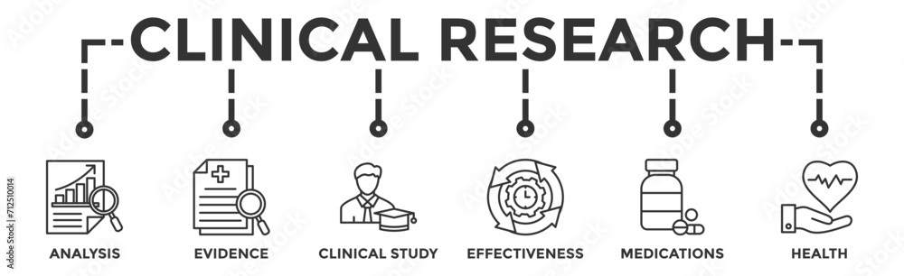 Clinical research banner web icon vector illustration concept with icon of analysis, evidence, clinical study, effectiveness, medications and health Clinical research banner web icon vector illustration concept with icon of analysis, evidence, clinical study, effectiveness, medications and health