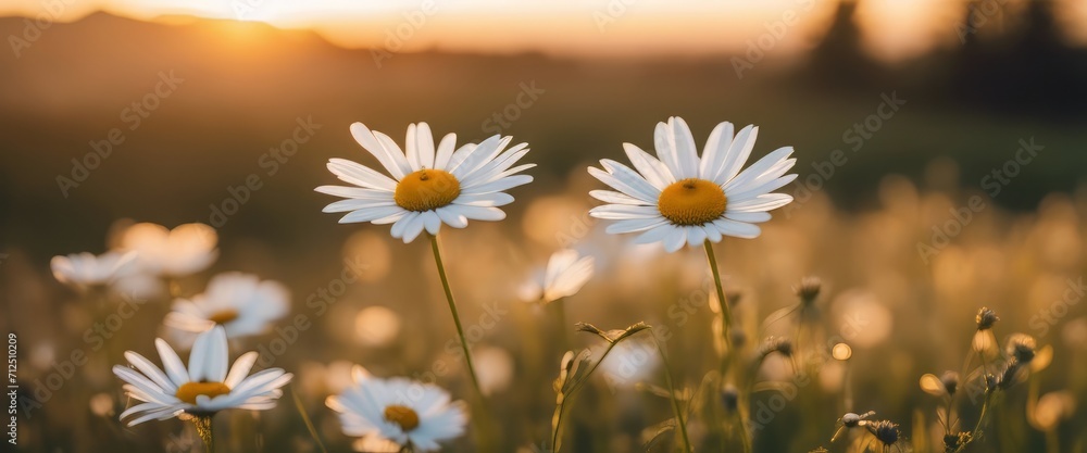 The landscape of white daisy blooms in a field, with the focus on the setting sun. The grassy meadow