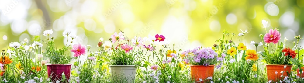 blooming flower with flower pots grass
