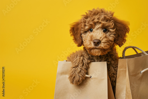 Funny cute labradoodle puppy dog with paper bags on yellow wall or paper background. Pet for shopping advertising concept photo