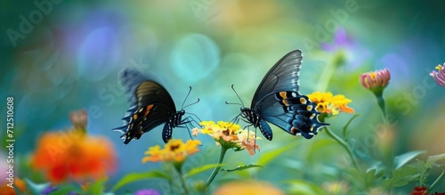 Gorgeous butterflies gracefully flutter on colorful flowers, embraced by nature's beauty. © AkuAku