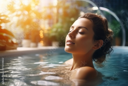 Portrait of beautiful woman relaxing and enjoying in swimming pool. Photo taken under natural light 