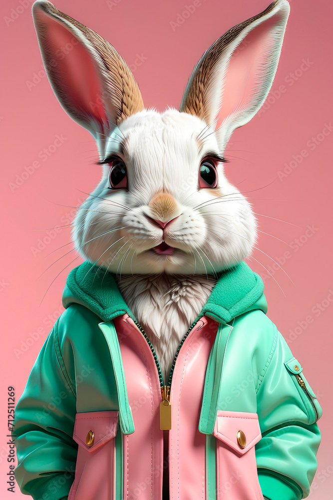 Portrait of a funny hare wearing a mint green leather jacket on a pink background.