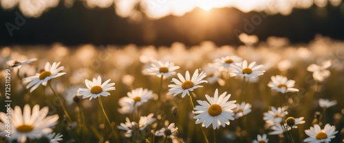 The landscape of white daisy blooms in a field, with the focus on the setting sun. The grassy meadow