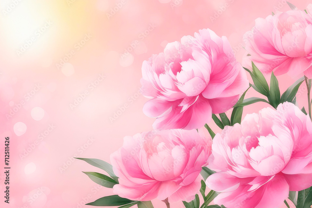 Watercolor greeting card with pastel pink beautiful peonies blossom bokeh, flower frame.