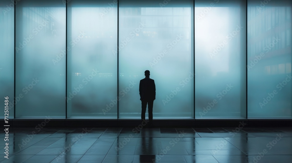 Fototapeta premium a man standong in front of foggy windows sad from job cuts.