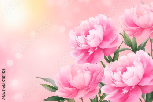 Watercolor greeting card with pastel pink beautiful peonies blossom bokeh, flower frame.