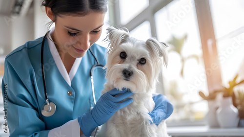 Veterinarian examining dog at clinic