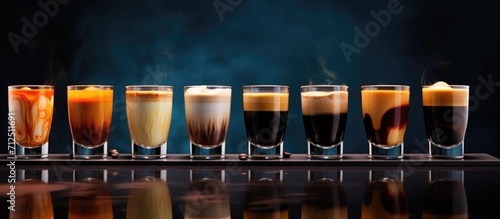 Multiple espressos presented on a dim backdrop photo