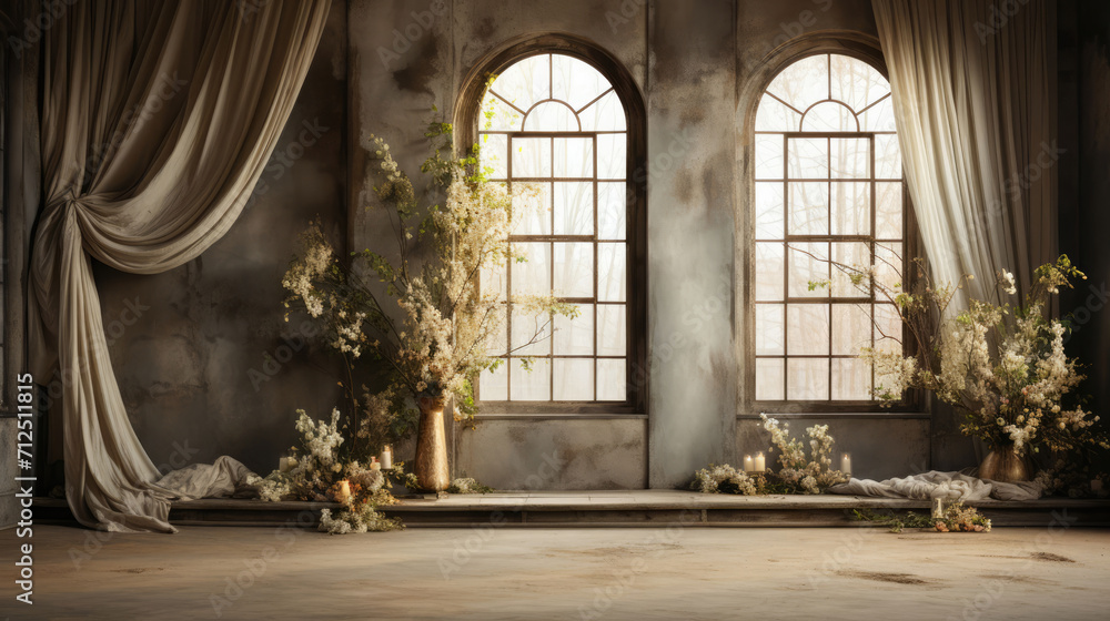 Serene indoor scene featuring a window with elegant curtains, creating a perfect backdrop for captivating photoshoots and projects