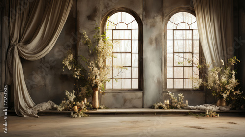 Serene indoor scene featuring a window with elegant curtains, creating a perfect backdrop for captivating photoshoots and projects © STOCK-AI