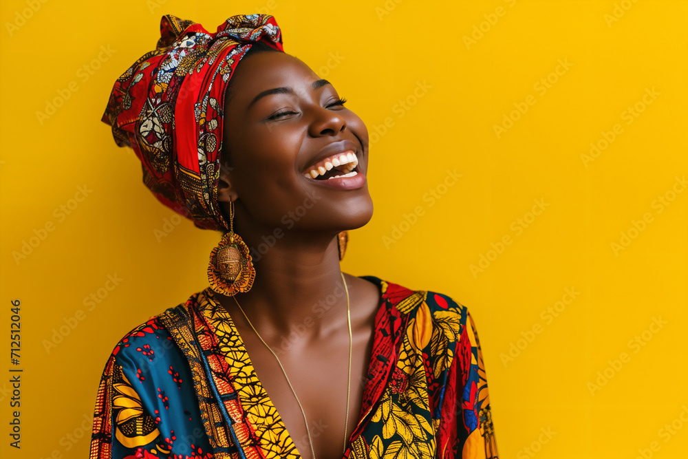 Obraz premium Happy smiling african woman in yellow clothes next to yellow background
