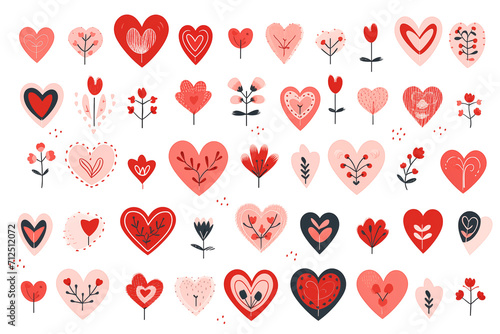 Set of different hearts and plants isolated on white background. Clipart bundle, hand drawn set photo