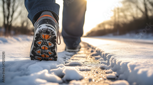 Les semelles de chaussures d'une personne marchant sur une route couverte de neige fondante, éclairée par le soleil hivernal.