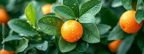 A close-up photo of several bright orange citrus fruits hanging from a tree branch, with glossy green leaves glistening with water droplets.