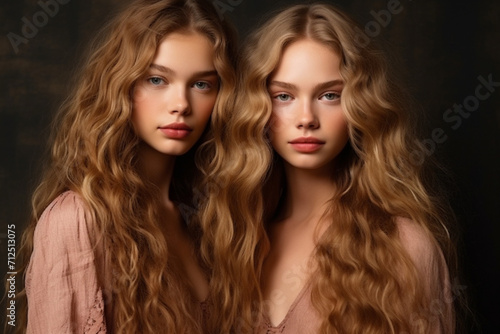 Portrait of happy twins women with perfect skin and natural make-up and long hair