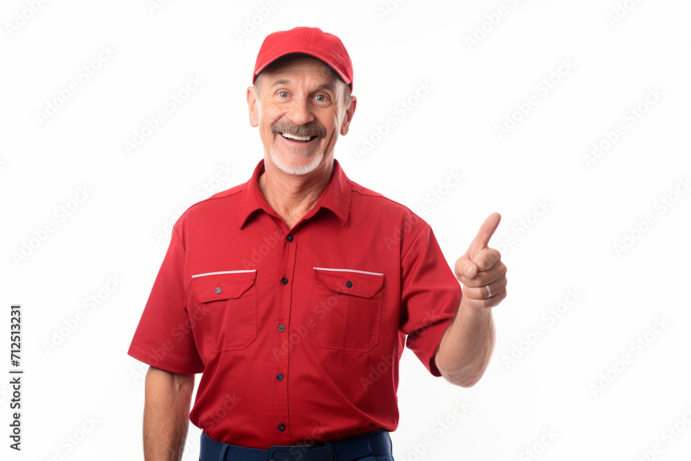 Portrait of mature happy handyman presenting something isolated on white 