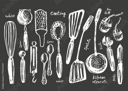 Hand drawn kitchen utensils set, chalk sketch photo
