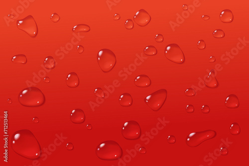 Red drops abstract background. Wine or juice condensate on glass in close up. Stock vector illustration in realistic style.